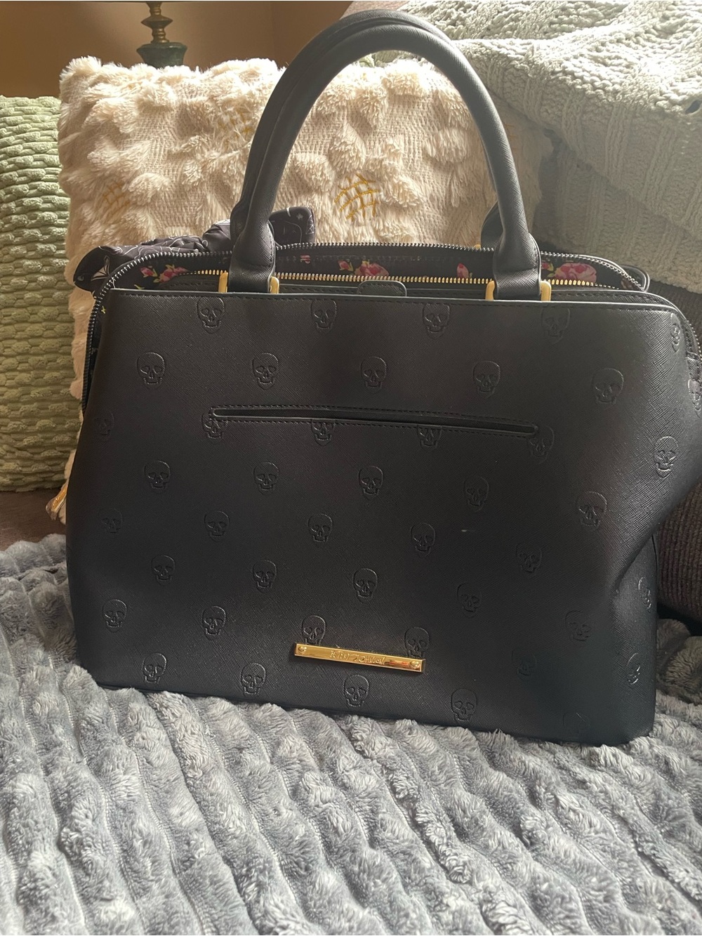 Black Women's Satchel Handbag with Embossed Skull Pattern